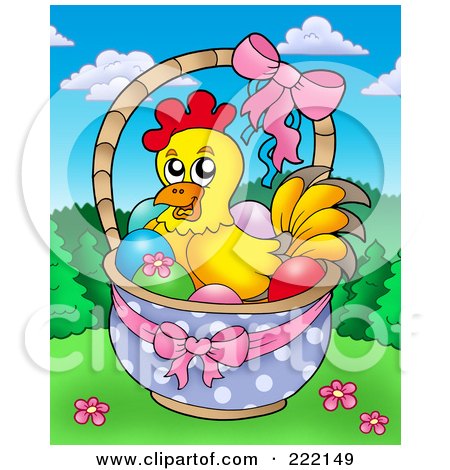 Royalty-Free (RF) Clipart Illustration of a Cute Easter Chicken In A Basket Of Eggs by visekart