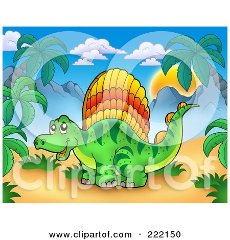Royalty-Free (RF) Clipart Illustration of a Cute Sail Fin Dinosaur In A Tropical Mountainous Landscape by visekart
