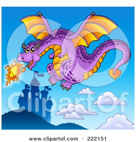 Royalty-Free (RF) Clipart Illustration of a Purple Fire Breathing Dragon Near A Castle - 3 by visekart