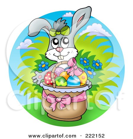 Royalty-Free (RF) Clipart Illustration of an Easter Bunny In A Basket Of Eggs Over A Sky Circle by visekart