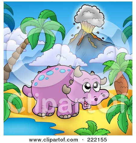 Royalty-Free (RF) Clipart Illustration of a Cute Purple Triceratops By A Watering Hole In A Tropical Volcanic Landscape by visekart