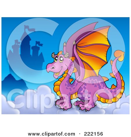 Royalty-Free (RF) Clipart Illustration of a Purple Dragon Near A Castle In The Clouds - 1 by visekart