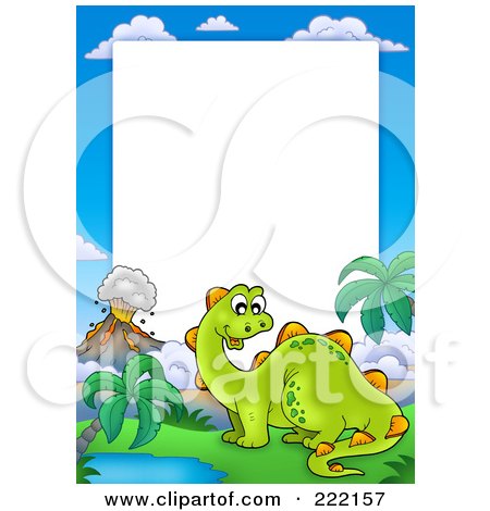 Royalty-Free (RF) Clipart Illustration of a Cute Stegosaur Dinosaur And Volcano Frame Around White Space by visekart