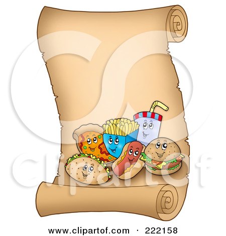 Royalty-Free (RF) Clipart Illustration of Happy Fast Foods On A Vertical Parchment Page by visekart