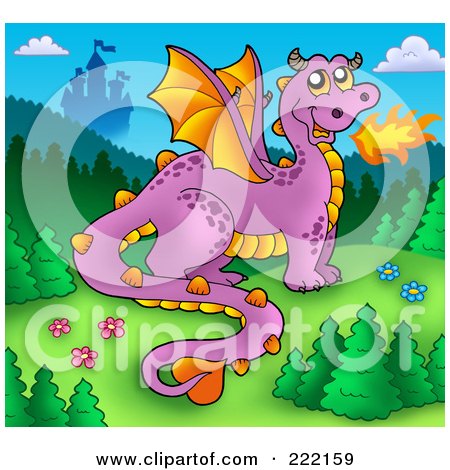 Royalty-Free (RF) Clipart Illustration of a Purple Fire Breathing Dragon Near A Castle - 1 by visekart