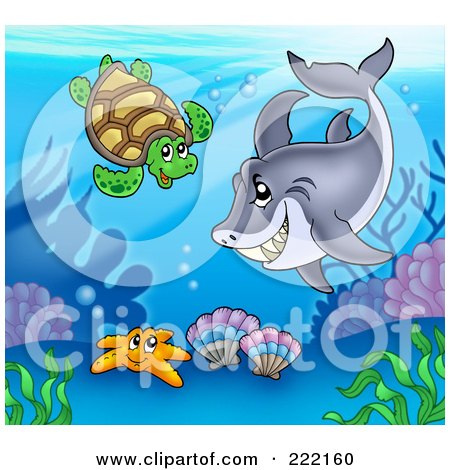 Royalty-Free (RF) Clipart Illustration of a Shark Swimming With A Sea Turtle Above A Starfish And Corals by visekart