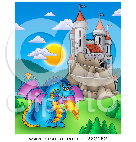 Royalty-Free (RF) Clipart Illustration of a Blue Fire Breathing Dragon Near A Castle - 4 by visekart
