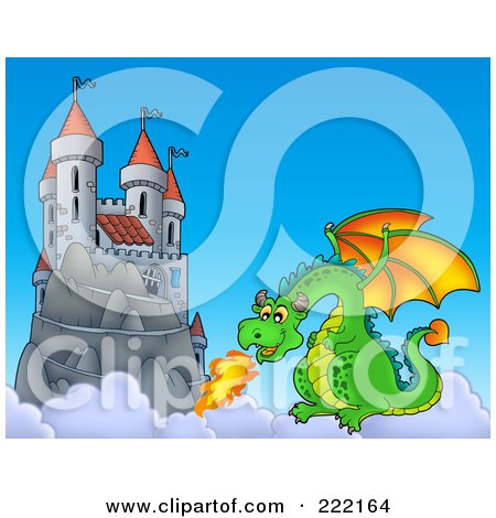 Royalty-Free (RF) Clipart Illustration of a Green Dragon Near A Castle In The Sky - 2 by visekart