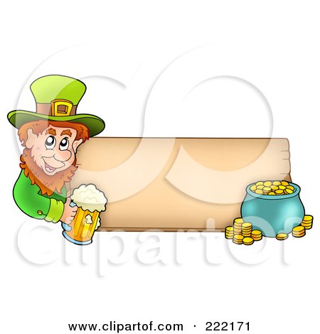 Royalty-Free (RF) Clipart Illustration of a Leprechaun Holding A Beer And A Pot Of Gold With A Blank Wooden Sign by visekart