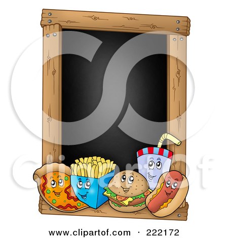 Royalty-Free (RF) Clipart Illustration of a Happy Fast Food Characters Under A Blank Black Board by visekart