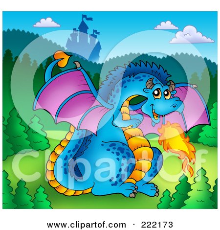 Royalty-Free (RF) Clipart Illustration of a Blue Fire Breathing Dragon Near A Castle - 2 by visekart