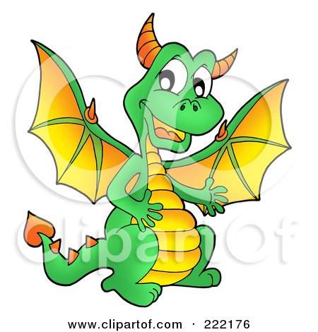 Royalty-Free (RF) Clipart Illustration of a Cute Green Dragon With A Yellow Belly And Wings by visekart