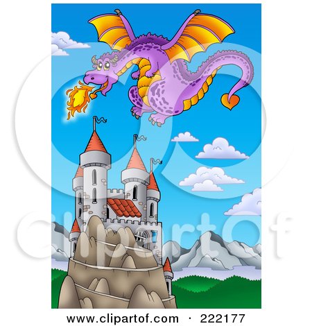 Royalty-Free (RF) Clipart Illustration of a Purple Fire Breathing Dragon Near A Castle - 2 by visekart