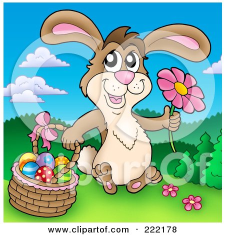 Royalty-Free (RF) Clipart Illustration of an Easter Bunny Holding A Flower And Sitting By A Basket by visekart
