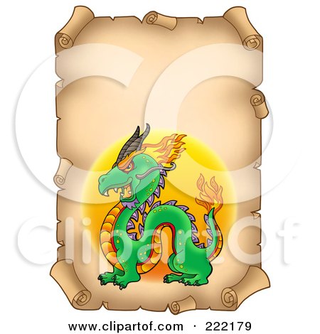 Royalty-Free (RF) Clipart Illustration of a Chinese Dragon On A Vertical Aged Parchment Page by visekart