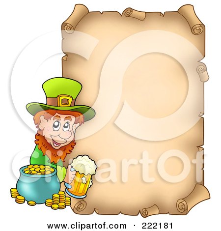 Royalty-Free (RF) Clipart Illustration of a St Patrick's Day Aged Parchment Page With A Leprechaun by visekart