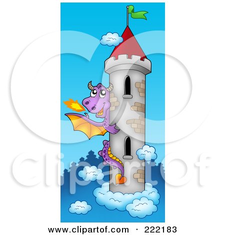 Royalty-Free (RF) Clipart Illustration of a Purple Fire Breathing Dragon Around A Castle Tower In The Sky by visekart
