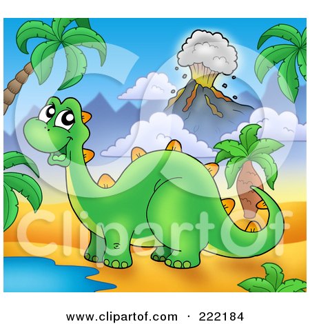 Royalty-Free (RF) Clipart Illustration of a Cute Stegasaur By A Watering Hole In A Tropical Volcanic Landscape by visekart
