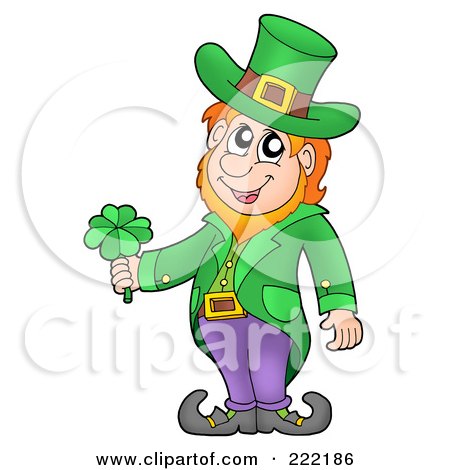 Royalty-Free (RF) Clipart Illustration of a Friendly Leprechaun Wearing A Green Top Hat And Jacket And Holding A Shamrock by visekart