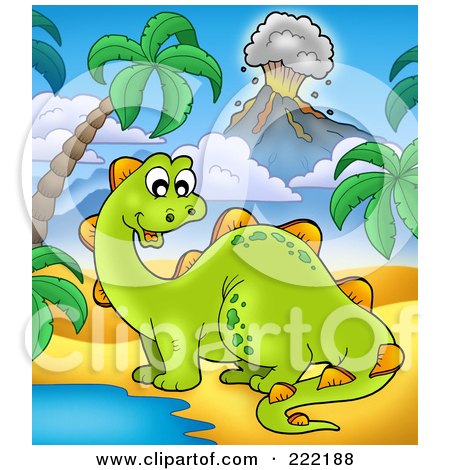 Royalty-Free (RF) Clipart Illustration of a Cute Stegasaurus By A Watering Hole In A Tropical Volcanic Landscape by visekart