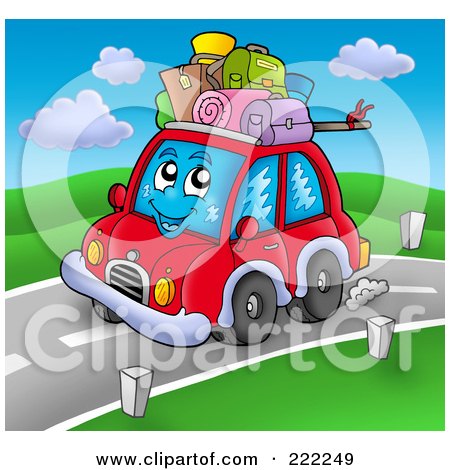 Royalty-Free (RF) Clipart Illustration of a Car Character With Luggage On The Roof by visekart