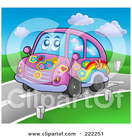 Royalty-Free (RF) Clipart Illustration of a Purple Hippie Car Driving On A Road by visekart