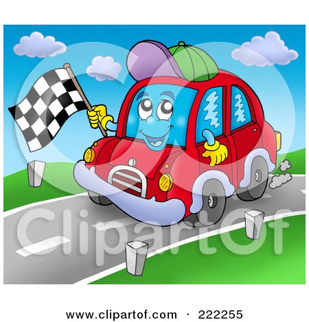 Royalty-Free (RF) Clipart Illustration of a Car Character Waving A Racing Flag by visekart