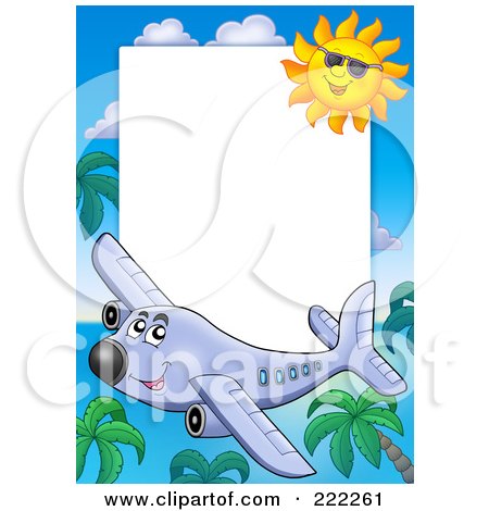 Royalty-Free (RF) Clipart Illustration of a Happy Airplane, Palm Tree And Sun Border Around White Space by visekart