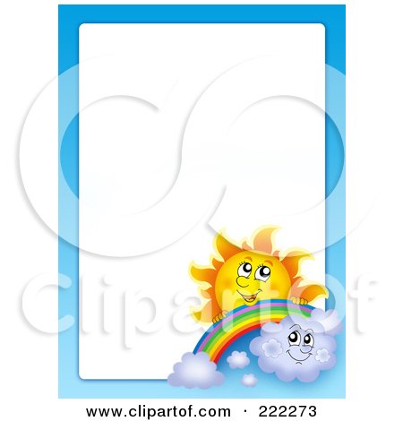 Royalty-Free (RF) Clipart Illustration of a Sun, Rainbow, Clouds And Sky Border Around White Space by visekart