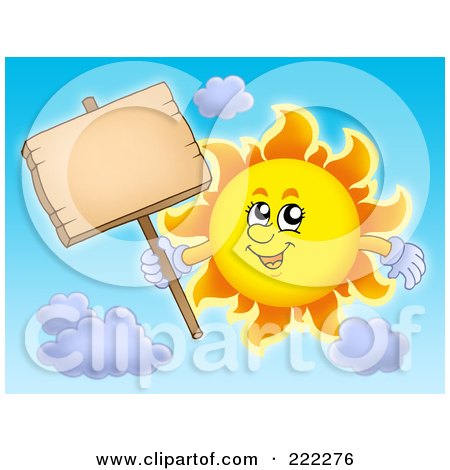 Royalty-Free (RF) Clipart Illustration of a Happy Summer Sun Holding A Wooden Sign On A Post by visekart