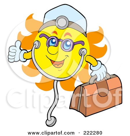 Royalty-Free (RF) Clipart Illustration of a Happy Summer Sun Doctor With A First Aid Kit And Stethoscope by visekart
