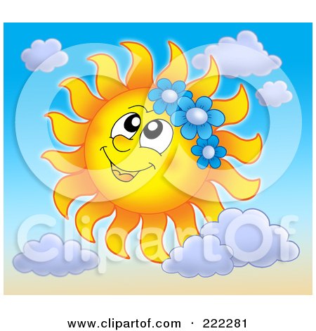 Royalty-Free (RF) Clipart Illustration of a Happy Summer Sun Wearing Blue Flowers by visekart