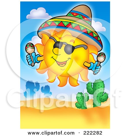 Royalty-Free (RF) Clipart Illustration of a Happy Mexican Summer Sun Wearing A Sombrero And Shaking Maracas Over A Desert by visekart