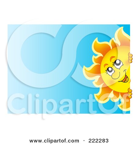 Royalty-Free (RF) Clipart Illustration of a Happy Sun Looking Around A Blank White Edge Over Blue by visekart
