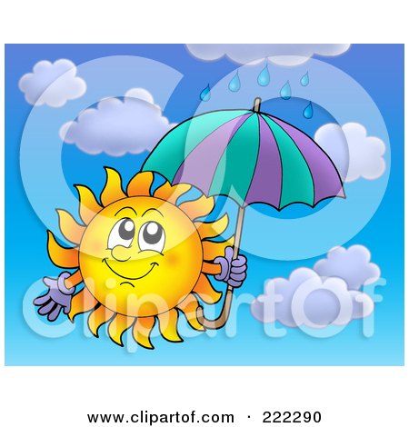 Royalty-Free (RF) Clipart Illustration of a Happy Summer Sun In The Rain With An Umbrella by visekart
