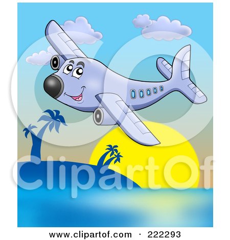 Royalty-Free (RF) Clipart Illustration of a Happy Airplane Flying Over A Tropical Island by visekart
