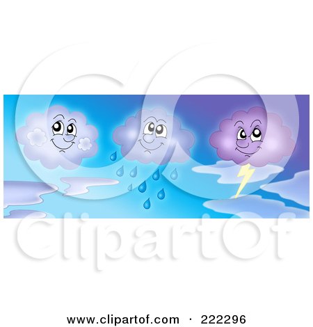 Royalty-Free (RF) Clipart Illustration of Three Cloud Characters In A Gradient Sky by visekart