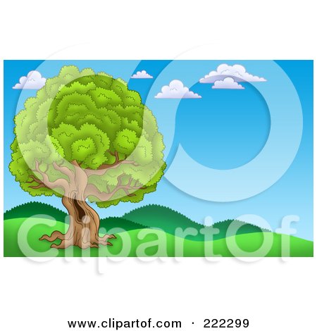 Royalty-Free (RF) Clipart Illustration of a Lush Tree With A Hole In The Trunk In A Hilly Landscape by visekart