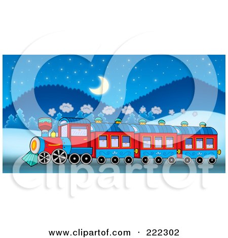 Royalty-Free (RF) Clipart Illustration of a Steam Train In A Winter Landscape At Night by visekart