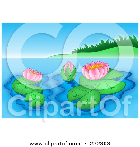 Royalty-Free (RF) Clipart Illustration of Lily Pads And Pink Lotus Flowers On Still Water By A Grassy Mound by visekart