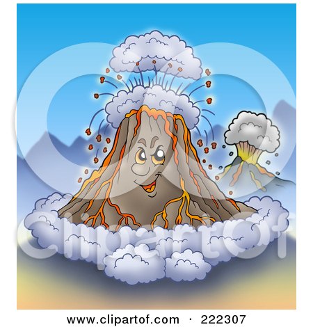 Royalty-Free (RF) Clipart Illustration of a Grinning Volcano With Ash Clouds And Spurting Lava by visekart
