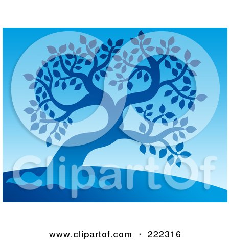 Royalty-Free (RF) Clipart Illustration of a Blue Silhouetted Tree On A Hill Over Blue by visekart