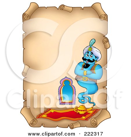 Royalty-Free (RF) Clipart Illustration of a Floating Genie On A Vertical Aged Parchment Paper by visekart