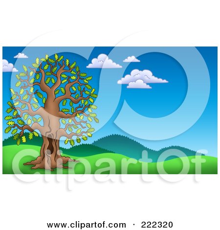 Royalty-Free (RF) Clipart Illustration of a Tall Oak Tree With A Hole In A Hilly Landscape by visekart