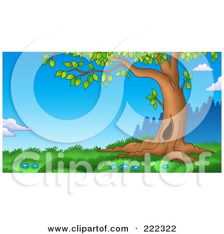 Royalty-Free (RF) Clipart Illustration of a Curving Tree Trunk In A Grassy Landscape by visekart