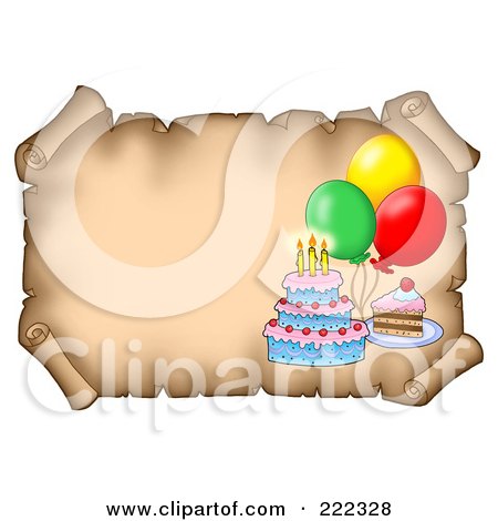 Royalty-Free (RF) Clipart Illustration of a Birthday Cake And Balloons On A Horizontal Aged Parchment Paper by visekart