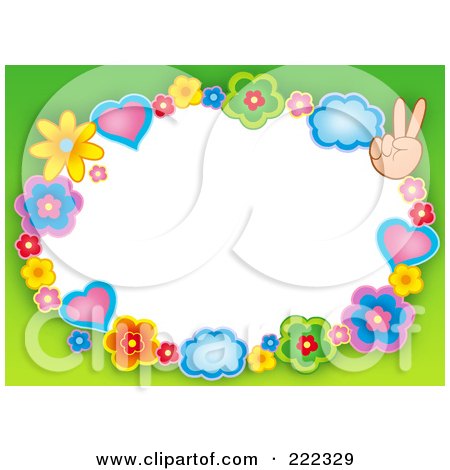 Royalty-Free (RF) Clipart Illustration of a Frame Of Hearts, Clouds, Flowers And Peace Hands With Green Around White Space by visekart