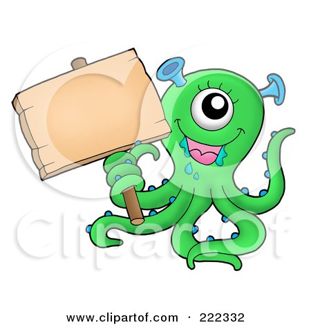 Royalty-Free (RF) Clipart Illustration of a Cute Green Monster Holding A Blank Wood Sign by visekart