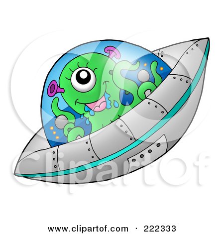 Royalty-Free (RF) Clipart Illustration of a Green Alien Flying A Saucer by visekart