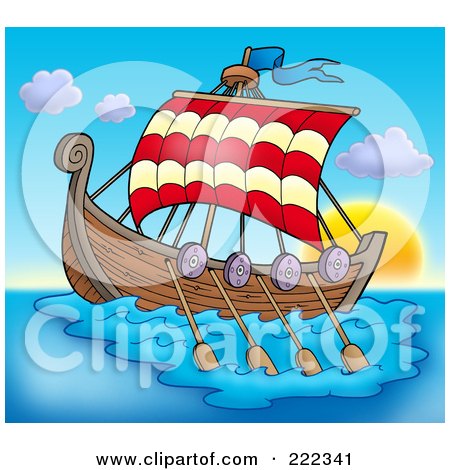 Royalty-Free (RF) Clipart Illustration of a Viking Ship Sailing At Sunset by visekart